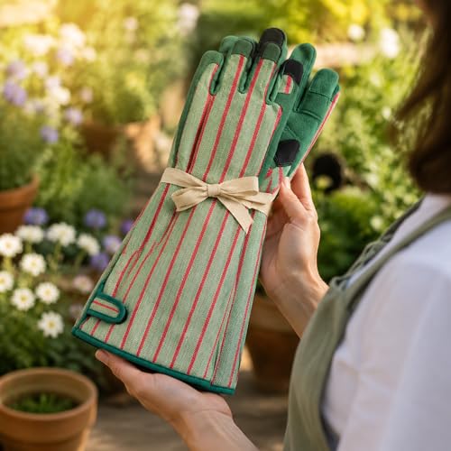 Thornproof Rose&Cactus Gardening Gloves,Gauntlet Garden Glove,Gifts - color: Green Stripe, size: Large