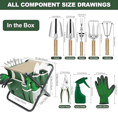 10 Piece Green Gardening Tool Set– Stainless Steel Tools with Wooden Handles, Folding Stool & Canvas Tote, Durable Garden Kit for Every Gardener