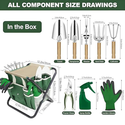 10 Piece Green Gardening Tool Set– Stainless Steel Tools with Wooden Handles, Folding Stool & Canvas Tote, Durable Garden Kit for Every Gardener