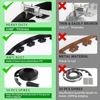 No Dig Landscape Edging 2 Inch x 40 FT, Heavy Duty Flexible Plastic Garden Border with 50 Spiral Spikes, Lawn Edging for Flower Beds, Walkways, Tree Rings, Mulch Beds and Landscaping, Black - style: 2 Inch × 40FT