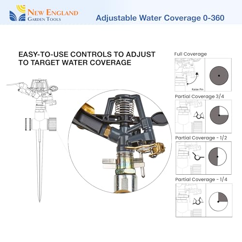 Impact Pulsating Sprinkler 300009 on Metal Step Spike, 70 ft Diameter Reach, 360° Range Control to Cover up to 3,900 Sq Ft for Farm, Lawn and Garden Irrigation, by New England Garden Tools