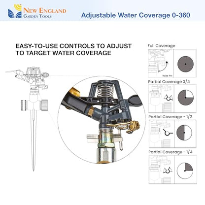 Impact Pulsating Sprinkler 300009 on Metal Step Spike, 70 ft Diameter Reach, 360° Range Control to Cover up to 3,900 Sq Ft for Farm, Lawn and Garden Irrigation, by New England Garden Tools