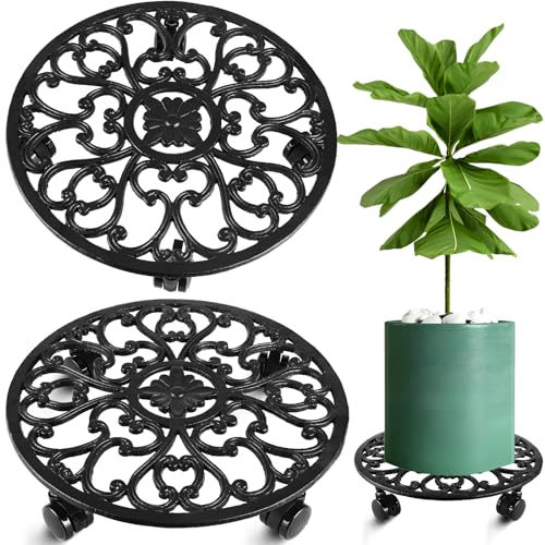 2 Packs 14 Inch Rolling Plant Stand with Wheels Metal Plant Caddy with Wheels Heavy Duty Round Plant Stand Indoor Iron Plants Rollers for Plants, Plant Dolly Planter Caddies - color: Black, size: 14 inch: 2 pcs