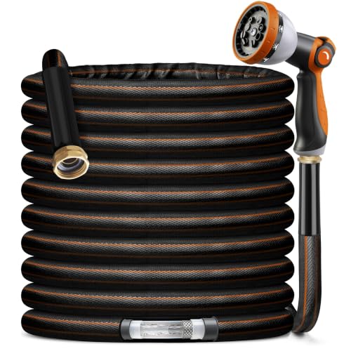 Garden Hose Water Hose – 100ft Lightweight Flexible Outdoor Hose, Kink-Free, Weather Resistant, 3/4” Metal Fittings, 10-Function Spray Nozzle for Yard Car Wash - color: Black+Orange, size: 100FT