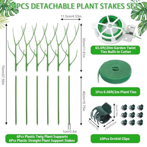 ROADPLUM 6 Pack 27.56" Detachable Twig Plant Support Stakes Set, Blends in to Plant, Branch Plant Sticks with Orchid Clips Twist Plant Ties, Twig Trellis for Indoor Outdoor Plants Potted Plants Flower - color: Green, size: 27.56" - 6 Pack