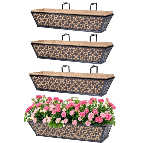 hehimhis Window Planter Box with Adjustable Bracket and Coco Liner for Porch, 24 Inch 4 Pack Balcony Planters Railing Hanging,Fence, Patio Hanging Planters for Garden Outdoor - size: 24 inch 4 pcs