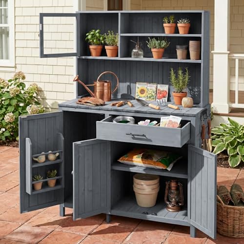 GDFStudio Elford Outdoor Storage Bench Table with Cabinet, Patio Wooden Potting Bench, Garden Storage Work Bench with Drawer, Cabinets, Adjustable Shelves, Hooks and Countertop, Kitchen Island, Gray