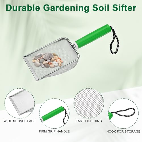 M METERXITY 1-Pack Gardening Soil Sifter, 2.8 mm Mesh Stainless Steel Portable Gardening Sifter with Soft Handle for Sand/Dirt/Rock Compost [White, Green] - color: White, Green, size: 2.8X2.8mm