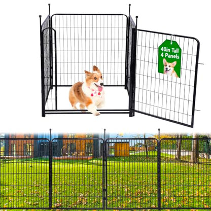Getlay Tall Garden Fence and Borders,Wide Gate Low Threshold Fence Panels, 40in(H) 4 Panels Total 8.9 Ft(L) Animal Barrier Fence, Heavy Metal Dog Fence Outdoor for Yard - size: 40''(H)-4panels-8.9ft(L) with gate