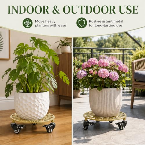 2 Pack 11" Heavy Duty Round Metal Plant Caddy with Wheels, Gold - color: Round Metal Gold, size: 11 INCH 2PCS
