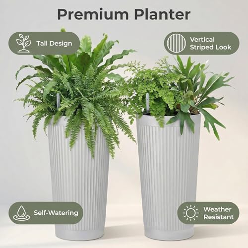 TUYOHW 24 Inch Tall Round Plastic Planter with Self Watering System, Large Indoor Outdoor Planter for Home, Patio, Garden - color: White-round