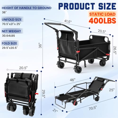 LEVELEVE Heavy Duty Folding Wagon - 2-in-1 Collapsible Cart, All-Terrain Wheels w/Brakes & Side Pockets (Black, 400lb Capacity) - color: Black, size: Medium