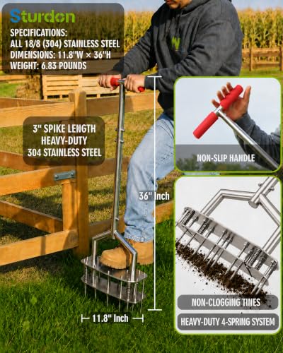Manual Lawn Aerator - 304 Stainless Steel Aerator Lawn Tool with 15 Spikes