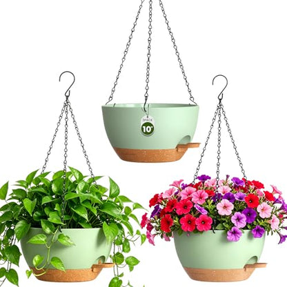 10 Inch Self-Watering Hanging Planters Set of 3 with Saucers - color: Green Brown, size: 10 Inch 3 Pack