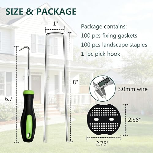 8 Inch 100 PCS Galvanized Landscape Staples with 100 PCS Gasket, Landscape Fabric Pins Stakes Lawn Ground Cover Graden Staples Spikes Weed Barrier Stakes - size: 8" 100 Pack