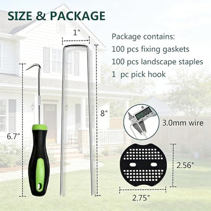8 Inch 100 PCS Galvanized Landscape Staples with 100 PCS Gasket, Landscape Fabric Pins Stakes Lawn Ground Cover Graden Staples Spikes Weed Barrier Stakes - size: 8" 100 Pack