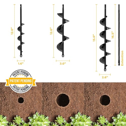 Auger Drill Bit for Planting 3 Pack with Extension - 3/8'' Hex Drive Drill - size: 1.6" x 12" + 3" x 12" + 2.6" x 15"