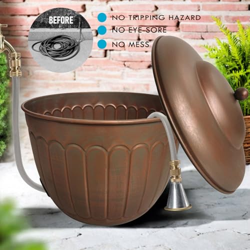 BSTGIFTS Garden Water Hose Holder - Decorative Metal Pot, Metal Hose Storage Pot, Garden Storage Organizer, Patio Portable Bucket - Antique Copper Accents, Holds up to 100ft Hoses (Embossed)