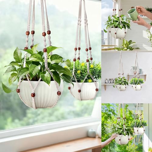 35 Inch Macrame Plant Hanger, Hanging Planter Basket with Wood Beads, Decorative Flower Pot Holder for Indoor Outdoor Boho Home Decor, Set of 2 (Ivory) - color: Ivory