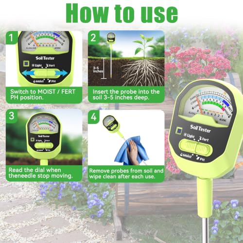 Hersven Soil Moisture Meter, 4-in-1 Soil pH Tester, Soil Moisture, Fertility,Sunlight Intensity with Removable Probe, Large Dial Soil Test Kit for Plants Gardening, Lawn and Indoor Outdoor Plants - size: 11in