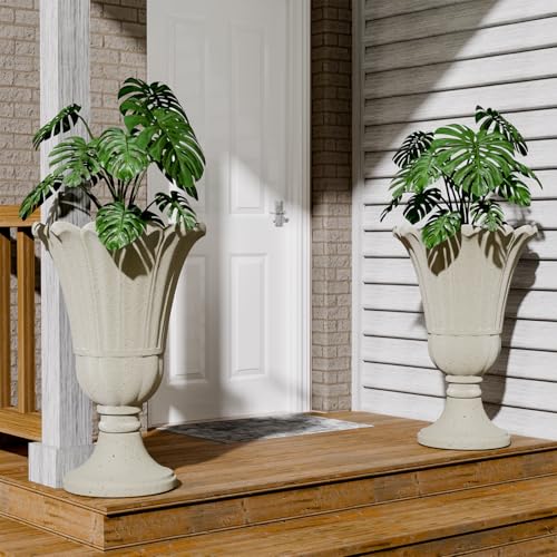 Tall Plastic Urn Planters and Pedestal - 24" Outdoor Planter Beige - color: White-petal