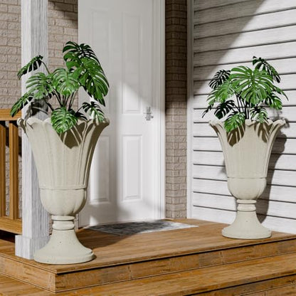 Tall Plastic Urn Planters and Pedestal - 24" Outdoor Planter Beige - color: White-petal