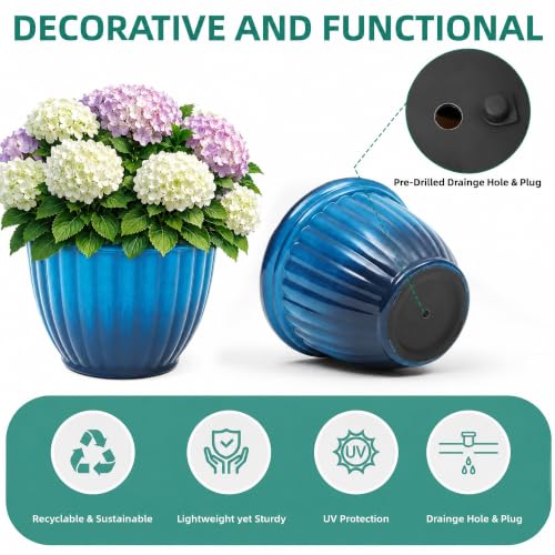 Autodaya 15" Large Planters for Outdoor Plants Set of 2 Plastic Flower Pots - color: 15" Gradient Cobalt Blue Finish
