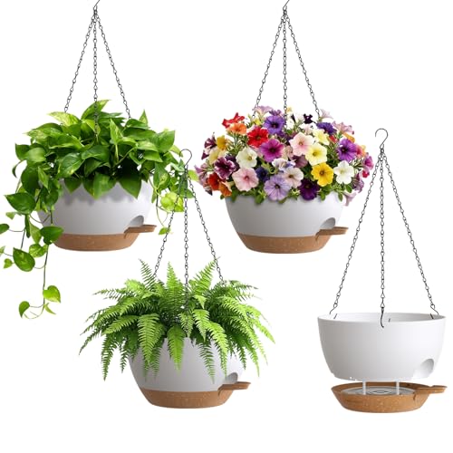 UOUZ 4 Pack 8 Inch Self Watering Hanging Planters for Indoor Outdoor Plants，Hanging Pots for Plants with Drainage Removable Tray, Hanging Baskets Flower Pots for Pothos Garden Porch White with Brown - color: White With Brown, size: 8inch-4pack