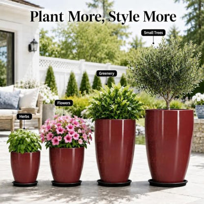Usocik Large Outdoor Planters, Set of 4, 10/12/21/24 Inch, Wine Red - color: Burgundy Gloss