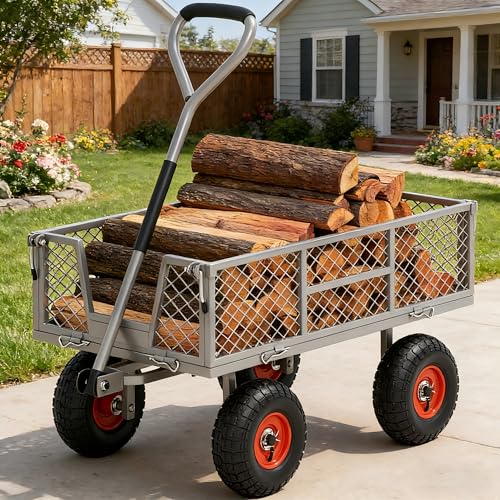 Autodaya Heavy Duty Garden Cart, 900 lb Steel Wagon with All Terrain Tires - color: 900lb|gray&orange