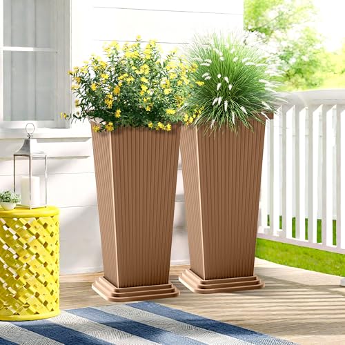 FENCY Set of 2 Tall Planters for Outdoor Plants, Brown Ribbed - color: Brown-square Ribbed