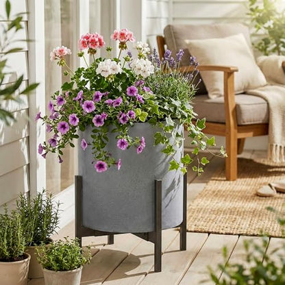 FaithLand 14 Inch Fiberstone Planter - Lightweight Modern Cylinder Plant Pot with Drainage Hole & Plug, Authentic Concrete Look, Gray - color: Gray, size: 14 inch