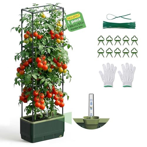 Raised Garden Bed Tomato Planter with Trellis, 52" Self Watering Tomato Planter with Water Level Indicator, Larger Rectangular Tomato Cages for Indoor & Outdoor Climbing Vegetable and Plants (1)