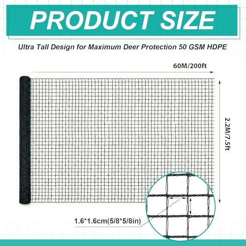 7.5ft*200ft Deer Fence Netting, Heavy Duty HDPE Mesh Animal Barrier, Black - size: 7.5ft*200ft
