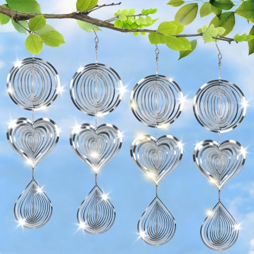 CHONOVO Stainless Steel Reflective Device, Round Bird Devices Set Highly Reflective 3D Wind Spinners Outdoor Garden Decor for Outside Window Roof Yard Orchards 12 Discs 4 Pcs - size: (Round+Heart+Waterdrop) 12 Discs 4 Pcs