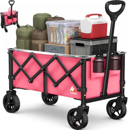 Collapsible Wagon Cart with Wheels & Reflective Stripe 280lbs Heavy Duty - color: Pink, size: Medium