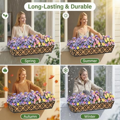 Y&M 4Pcs 30'' Railing Planter Box Set with Coconut Coir Liner, Flower Boxes with Adjustable Brackets, Large Metal Hanging Window Boxes for Fence, Deck, Balcony, and Outdoor Garden - size: Flower 30in 4P