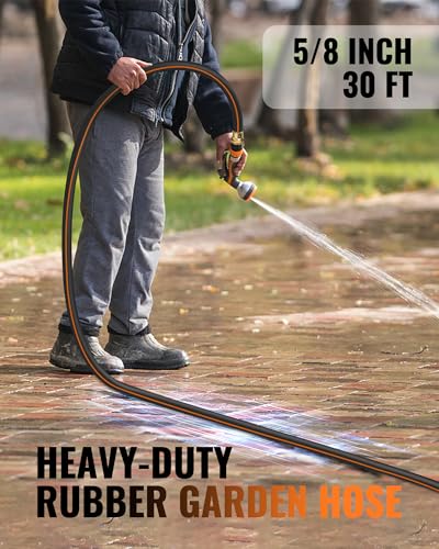 30FT x 5/8" Rubber Garden Hose, Heavy Duty Garden Water Hose, 300 PSI Working, 1000 PSI Burst, Swivel Handle with Stainless Steel Ring, 5-Layer Braided, All-Weather Outdoor Use, BG30GH06 - color: Black+Orange, size: 30FT 5/8