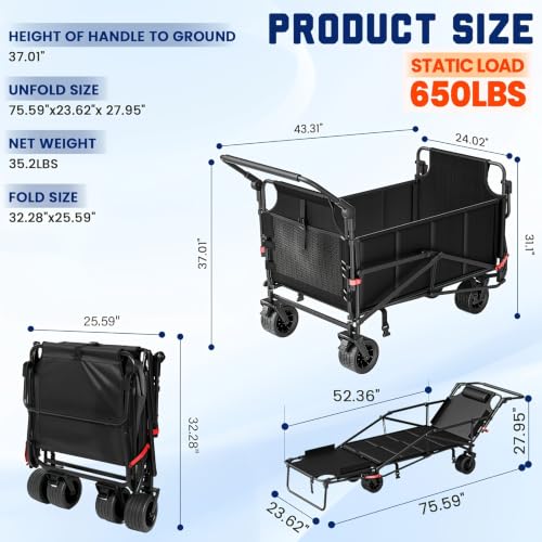 LEVELEVE Heavy Duty Folding Wagon - 2-in-1 Collapsible Cart, All-Terrain Wheels w/Brakes & Side Pockets (Black, 650lb Capacity) - color: Black, size: Large