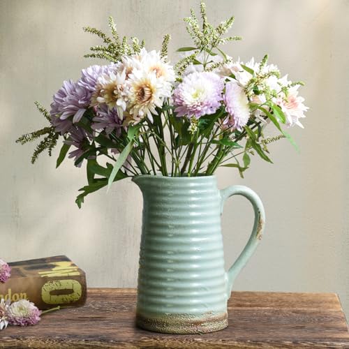 Quoowiit Ceramic Rustic Vase with Handle, Green Distressed Decorative Farmhouse Pitcher Vase for Home Decor Living Room Bedroom Kitchen Office Shelf Decor Centerpiece Table Decoration - color: 7 Inch Green Pitcher