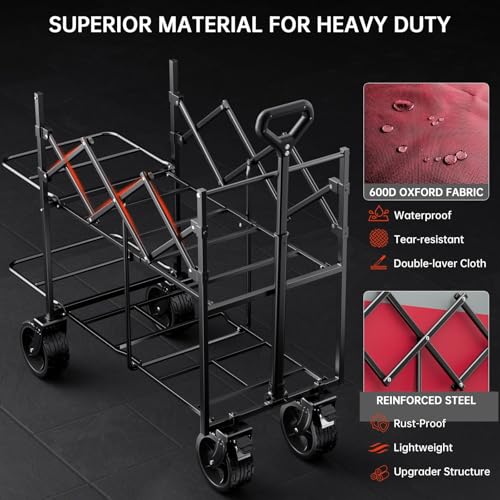 Double Decker Collapsible Wagon with Brakes,Compact with Tailgate - color: Rose Pink