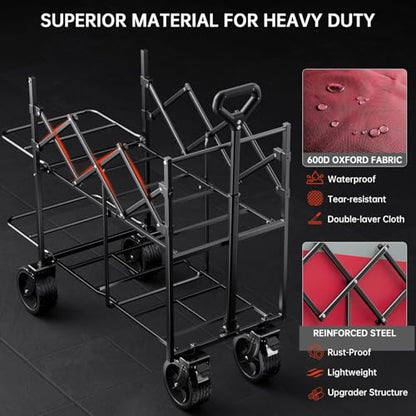 Double Decker Collapsible Wagon with Brakes,Compact with Tailgate - color: Rose Pink