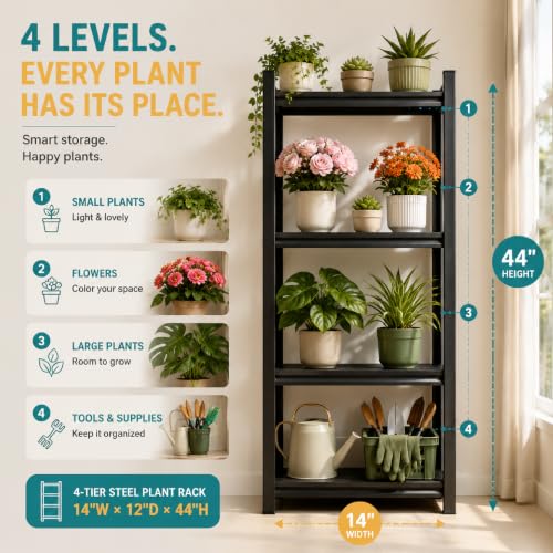 Plant Stand, Adjustable 4 Tier Metal Flower Stand with Double Layer Posts - color: 14''W*12''D*44''H