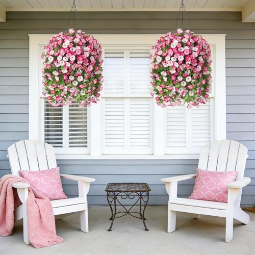 Artificial Flowers with Hanging Basket, Outdoor Faux Plants UV Resistant - color: Pink