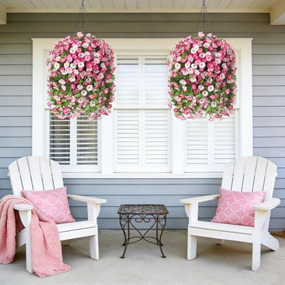 Artificial Flowers with Hanging Basket, Outdoor Faux Plants UV Resistant - color: Pink