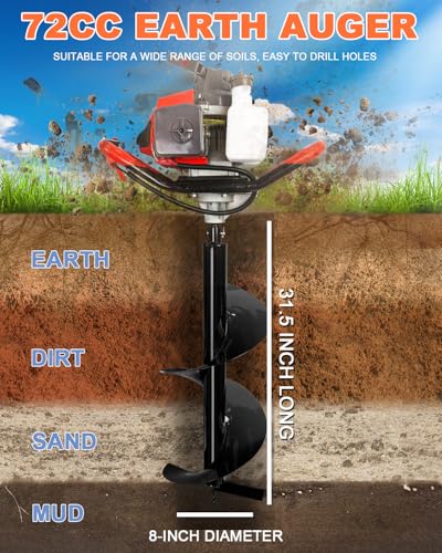72CC Gas Powered Auger Post Hole Digger, 2 Stroke Earth Digger with 3 Auger Bits (4" 6" 8") & 3 Extension Rods - for Farm Garden Planting, Fencing Construction - Orange