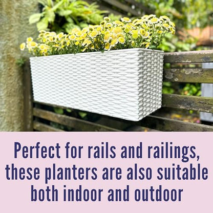 LaLaGreen Outdoor Rail Planter for Balcony (20 Inch, 2 Pack) Large White Self Watering Railing Planters with Brackets, Rectangular Plastic Fence Modern Window Boxes Designer Choice with Rattan Pattern - color: White X 2