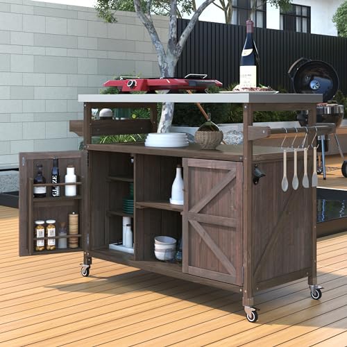 Outdoor Deck Box Storage Cabinet with Stainless Steel Countertop, 50 Inch Solid Wood Patio Storage Box on Wheels for Garden Tools, Grill Prep, and Pool Accessories, Dark Brown - color: Dark Brown - 50.25 X 18.50 X 36.25 Inch