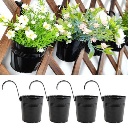 4 Pack Hanging Metal Railing Planters 6" with Detachable Hooks, Black - color: Black, size: 5.9"- 4 Pack
