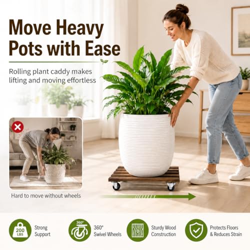 4 Pack Wooden Plant Stand With Wheels, 12" Rolling Planter Base Plant Stand, With Metal Lockable Caster Wheels, For Indoor Outdoor Plant Pots